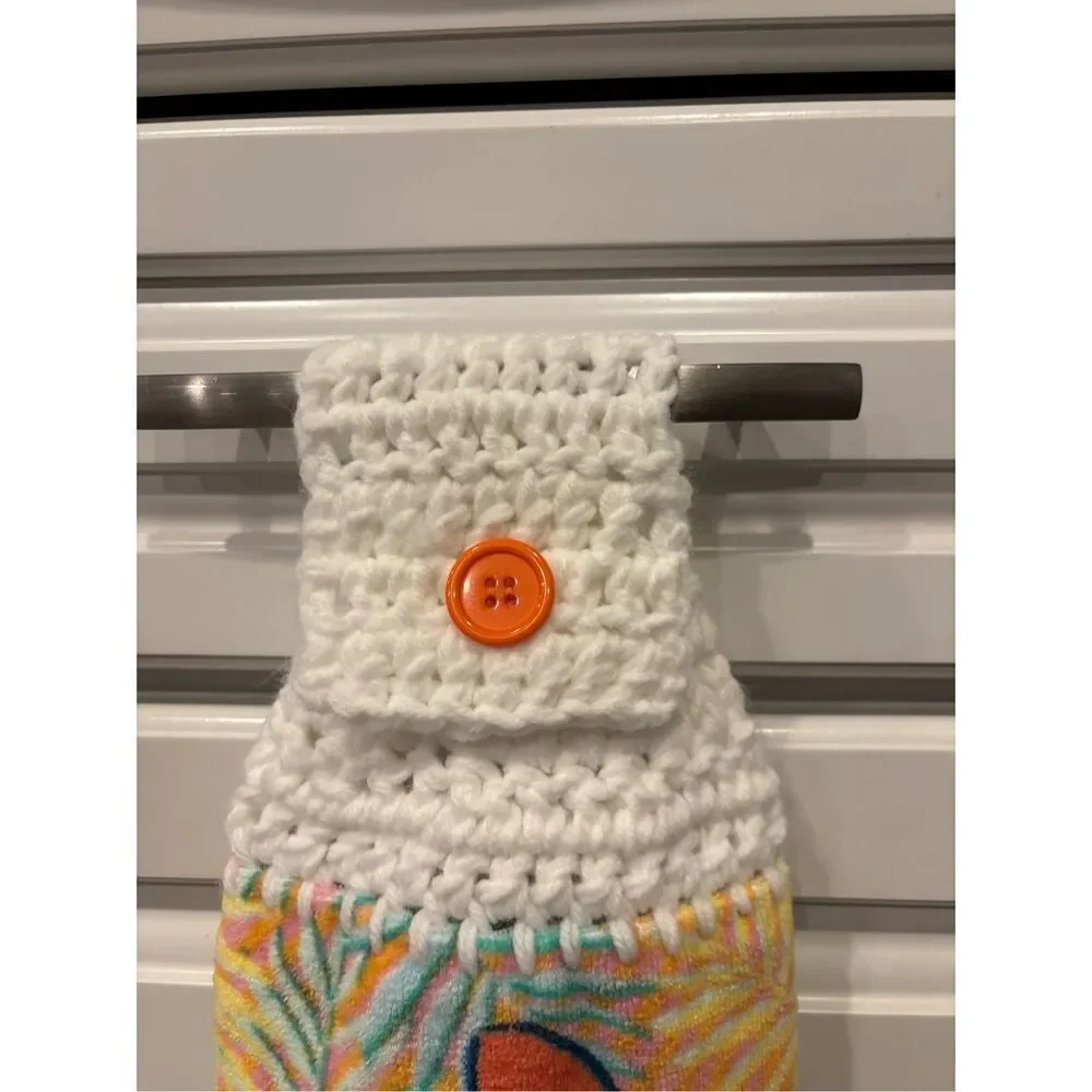 Crochet Top Kitchen Towel-Minnie mouse orange button white top